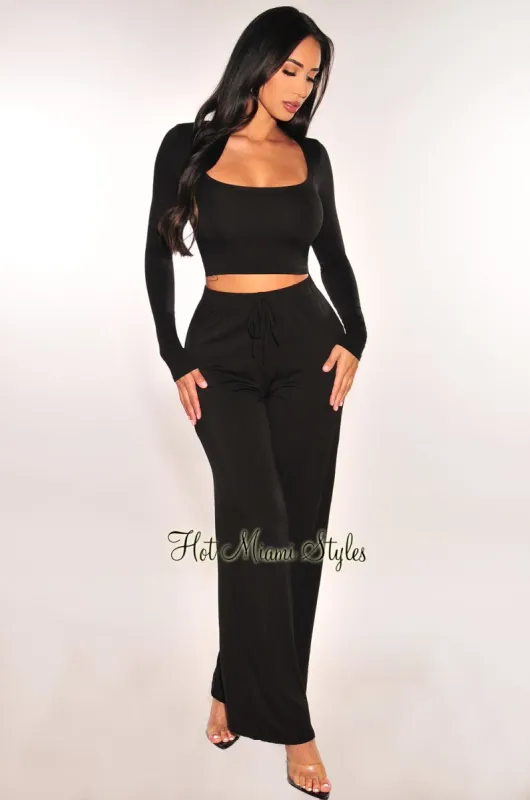 Black Round Neck Long Sleeve High Waist Wide Leg Pants Two Piece Set sold by Hot Miami Styles