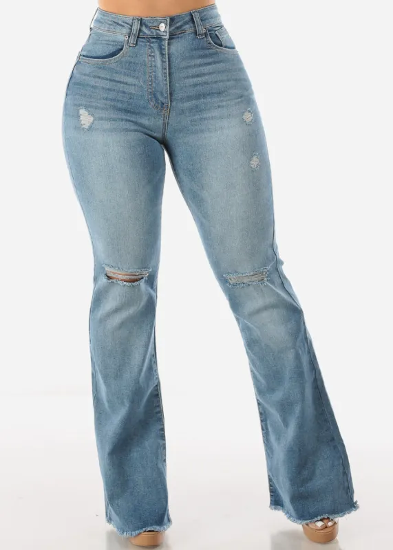 High Waist Med Wash Distressed Flared Jeans w Raw Hem sold by Moda