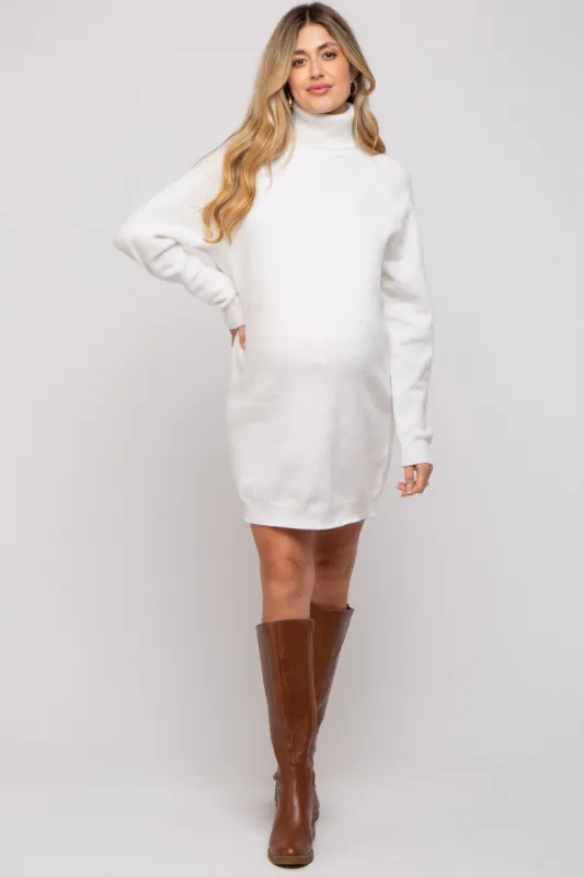 Cream Knit Long Sleeve Turtleneck Maternity Sweater Dress sold by Pinkblush