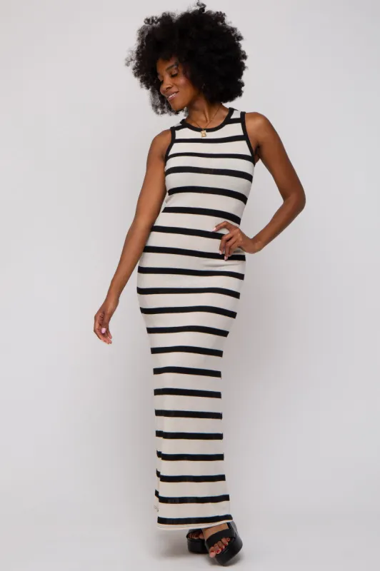 Black Cream Striped Sleeveless Knit Maxi Dress sold by Pinkblush