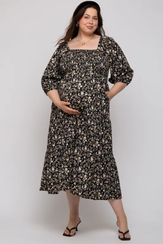Black Floral Smocked Tiered Maternity Plus Maxi Dress sold by Pinkblush
