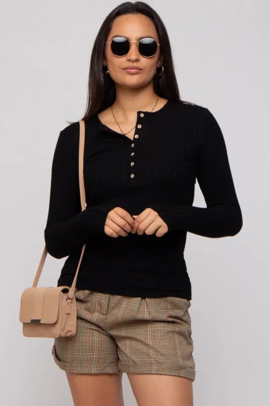 Black Ribbed Knit Button Long Sleeve Top sold by Pinkblush