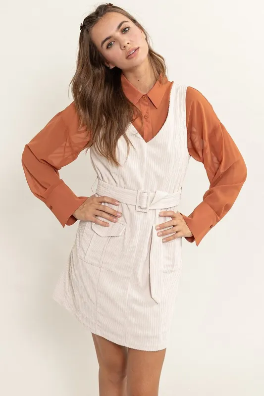 Off White Corduroy Belted Mini Dress sold by Pinkblush