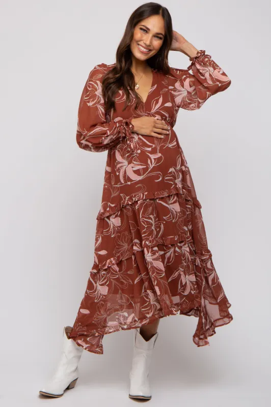 Brown Floral Chiffon Ruffle Tiered Maternity Midi Dress sold by Pinkblush