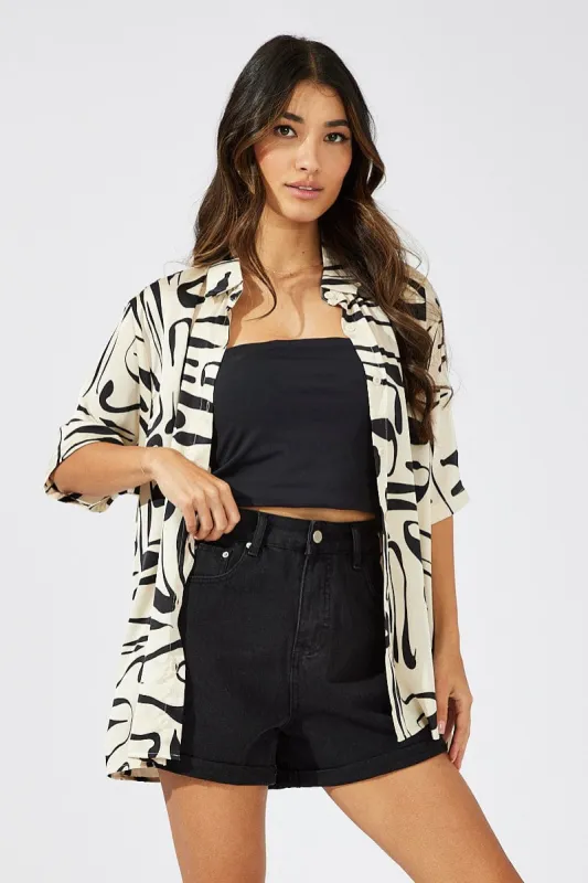 White Abstract Shirt Short Sleeve sold by Ally Fashion