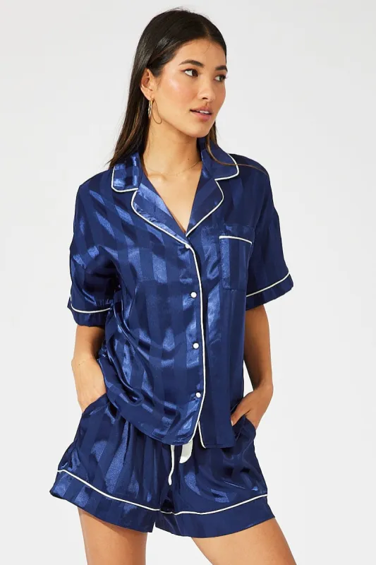 Blue Stripe Satin Stripe Pj Contrast Piping Pyjama Set sold by Ally Fashion