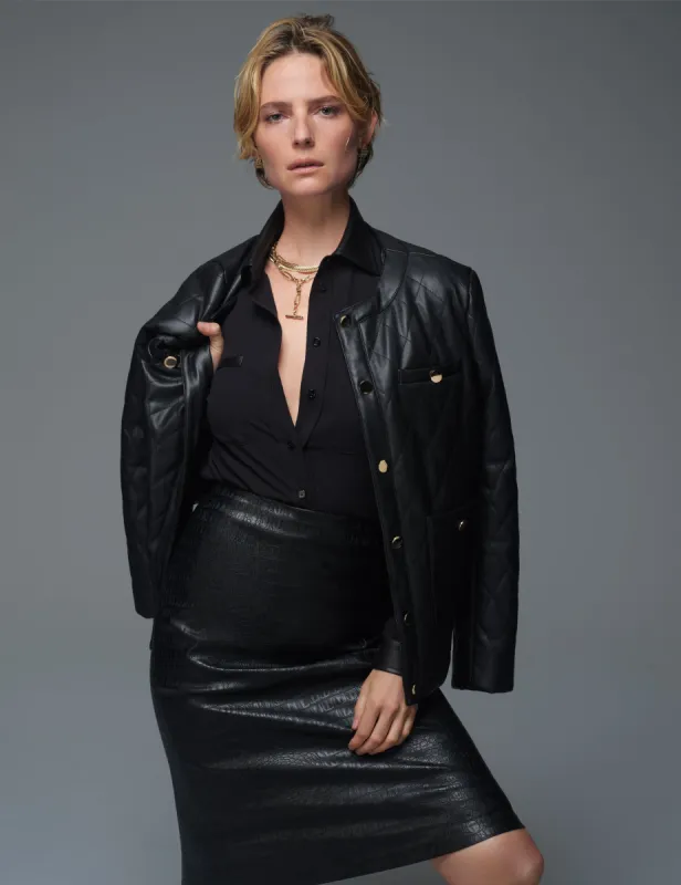 Petite Collarless Vegan Leather Quilted Jacket- Sale sold by Anne Klein
