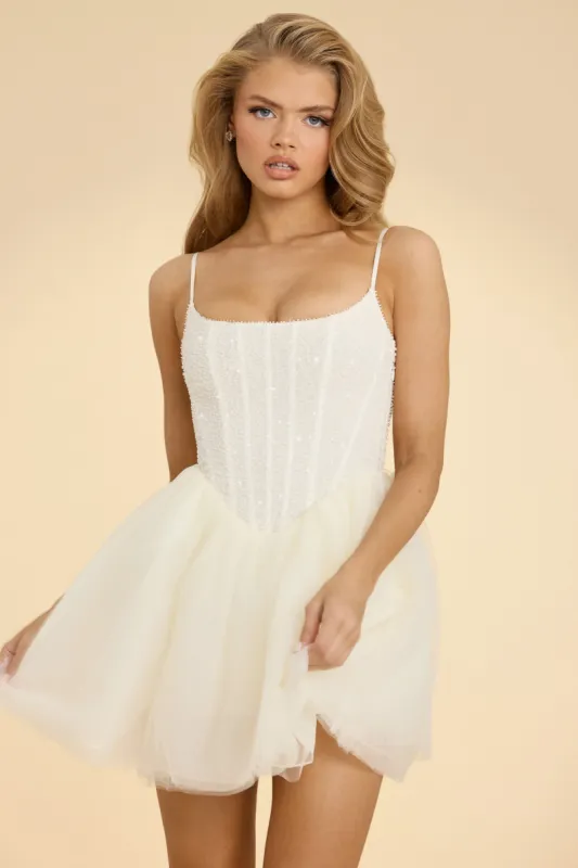Embellished Corset Tulle Skirt Mini Dress in White sold by Oh Polly