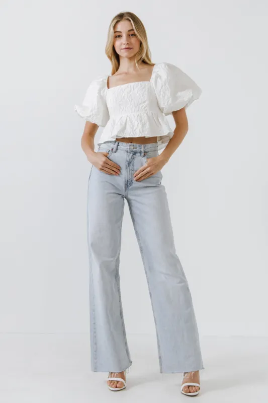 Square Neck Puff Sleeve Jacquard Top sold by Endless Rose
