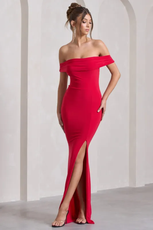 Law of Attraction | Red Bardot Draped Split Maxi Dress sold by Club L London