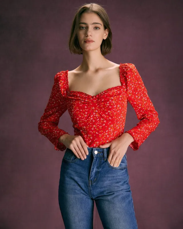 The Red Sweetheart Neck Floral Ruffle Blouse sold by rihoas