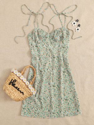 shein wywh knotted shoulder ruched bust ditsy floral cami dress sold by SHEIN