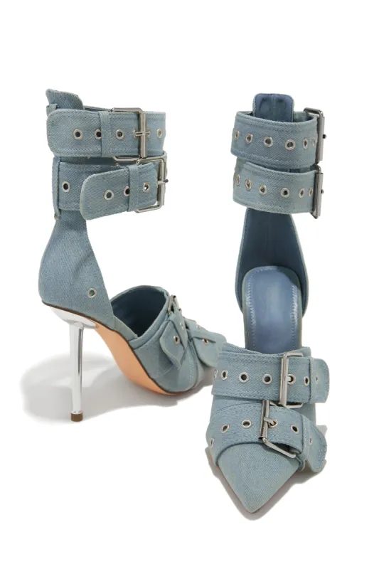 Kora Ankle Strap Pumps - Denim sold by Miss Lola