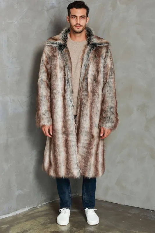 Coffee Lapel Neck Long Open Front Faux Fur Men Coat sold by Zapaka