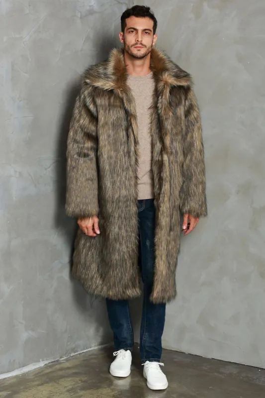 Brown Lapel Neck Long Faux Fur Men Coat sold by Zapaka