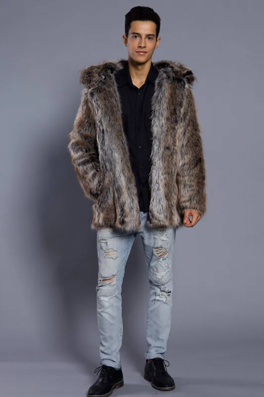 Brown Open Front Lapel Neck Long Faux Fur Men Coat sold by Zapaka