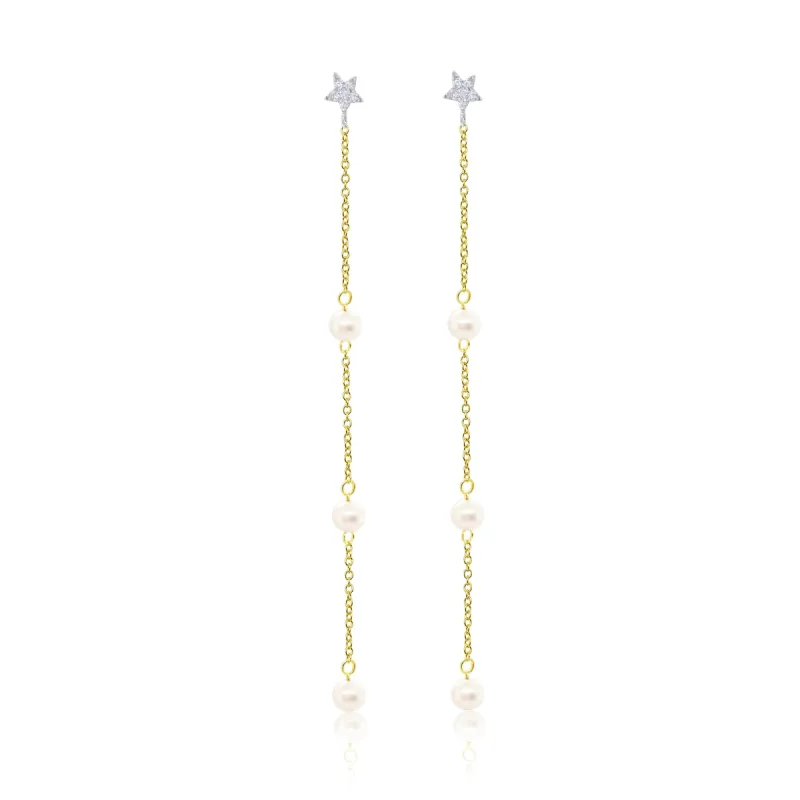 Diamond Star and Pearl Drop Chain Earrings 14kt Yellow Gold Diamond sold by Meira T