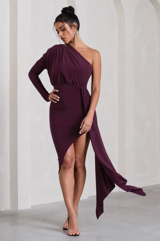 Catherine | Plum One Sleeve Asymmetric Midi Dress With Statement Drape sold by Club L London