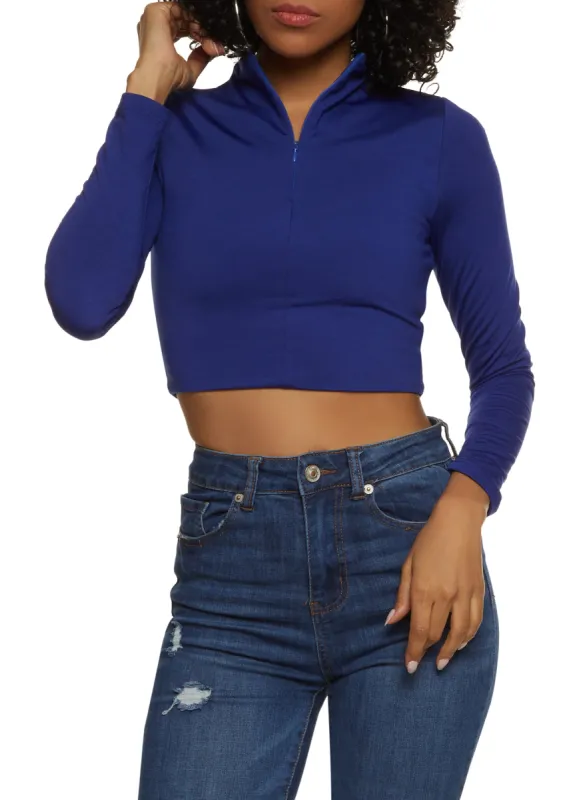 Half Zip Mock Neck Long Sleeve Crop Top sold by Rainbow