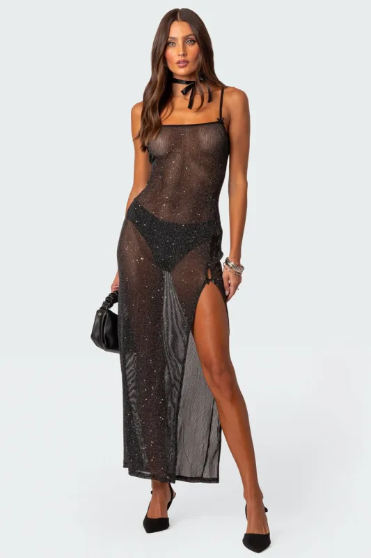 Sheer Micro Sequin Slitted Maxi Dress sold by Edikted