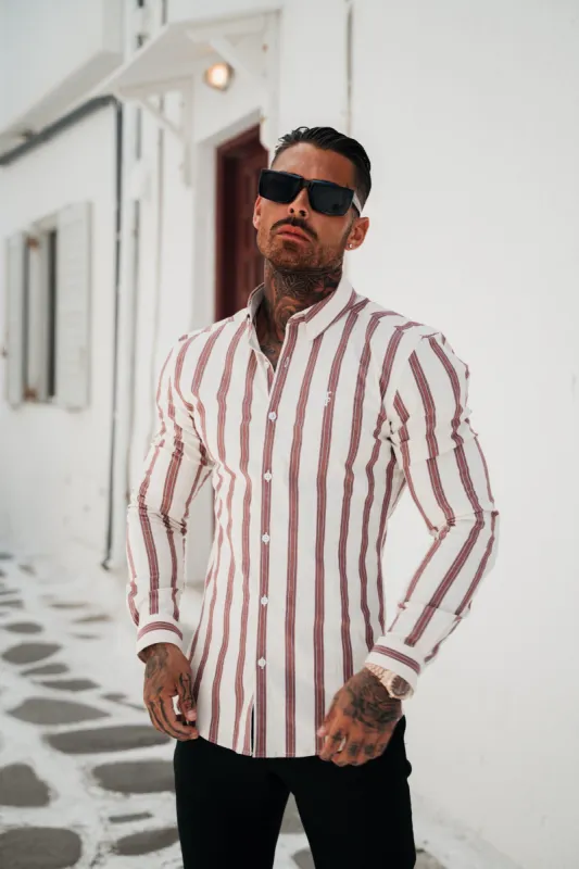 Father Sons Super Slim Stretch Off White / Burgundy Woven Stripe Long Sleeve Sleeve with Button Down Collar - FS973 sold by Father Sons
