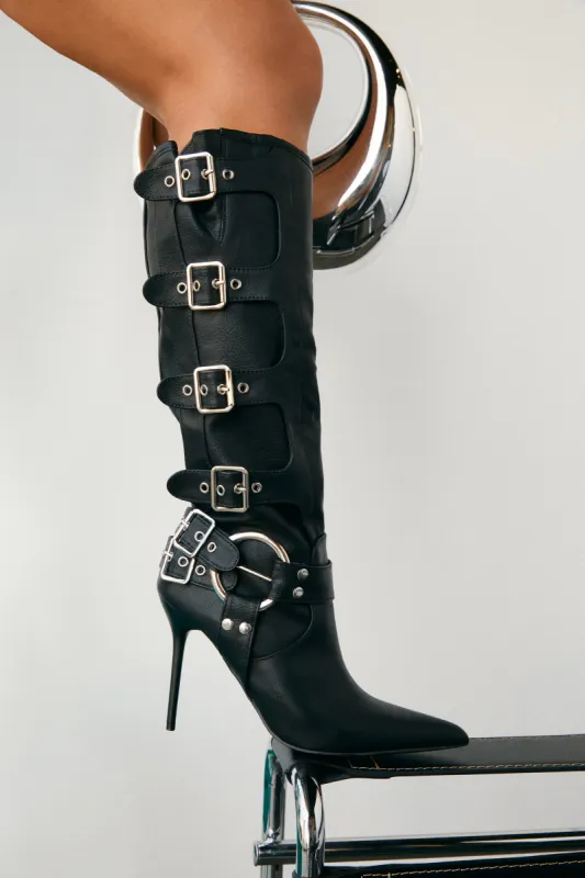Kaycee Below The Knee High Heel Moto Boots - Black sold by Miss Lola