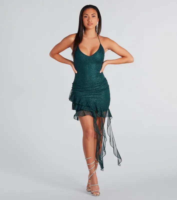 She's Glitzy Glitter Ruffled Mini Dress sold by Windsor