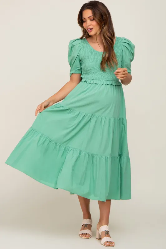 Green Smocked Tiered Ruffle Maternity Midi Dress sold by Pinkblush