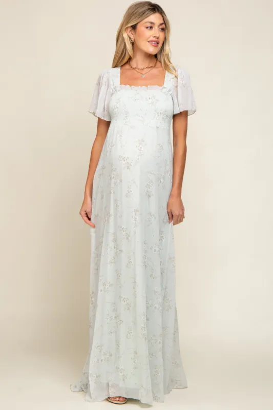 Mint Green Floral Smocked Chiffon Maternity Maxi Dress sold by Pinkblush