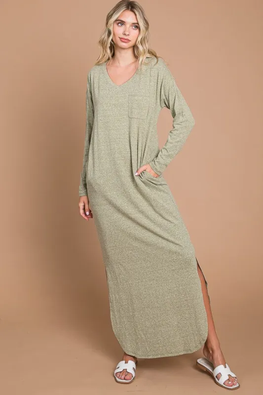 Light Olive Heathered Pocketed Long Sleeve Maxi Dress sold by Pinkblush