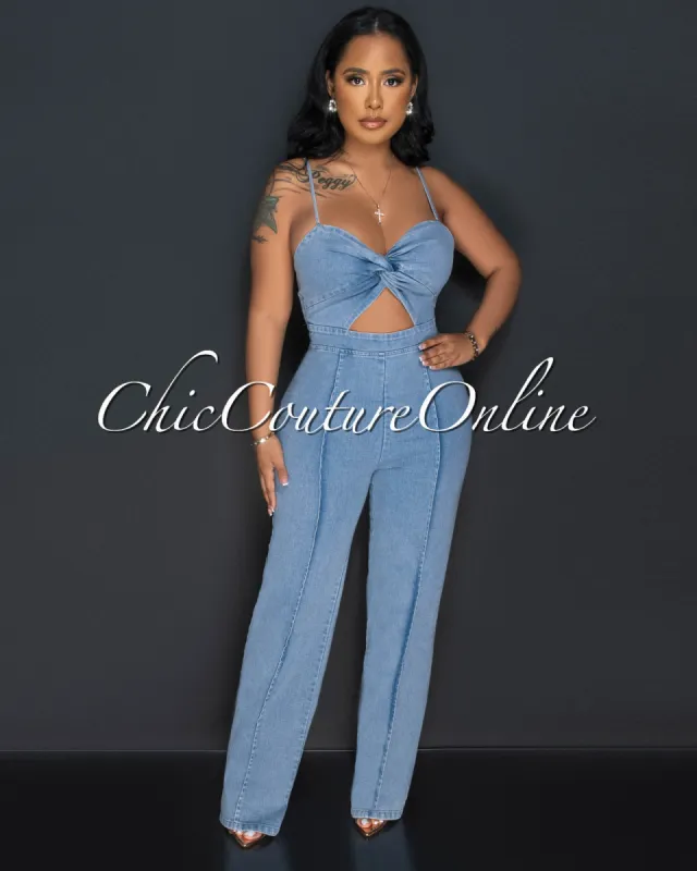 Velicia Light Denim Bust Knot Jumpsuit sold by Chic Couture