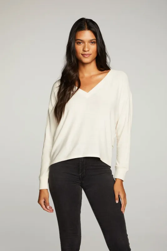 Recycled Cozy Knit Long Sleeve Deep V Drop Shoulder Pullover sold by Chaser