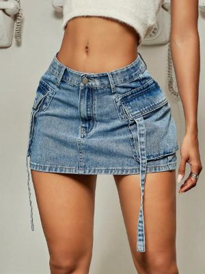 street flap pocket tape detail cargo denim mini skirt sold by SHEIN