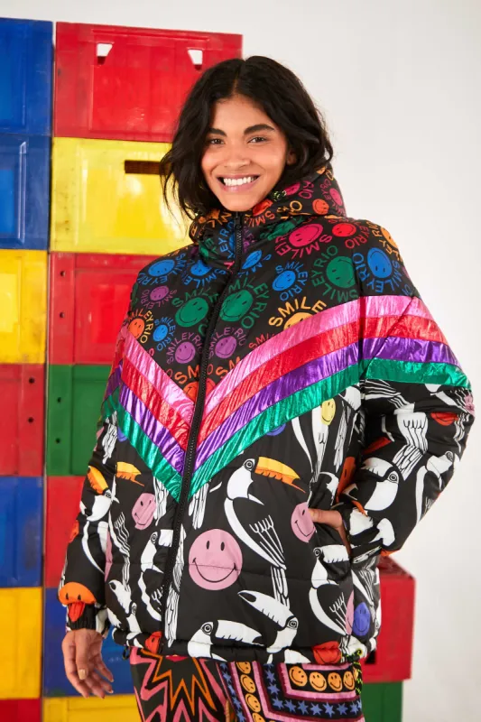 Rainbow Toucans Smiley® Reversible Puffer Jacket sold by FARM Rio