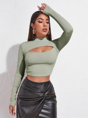 shein essnce mock neck cut-out rib-knit slim crop tee sold by SHEIN