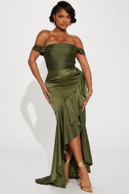 Kyla Satin Gown - Olive sold by Fashion Nova