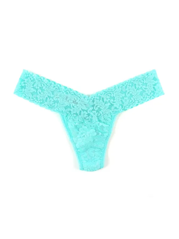 Petite Size Signature Lace Low Rise Thong Bright Aqua Blue sold by Hanky Panky