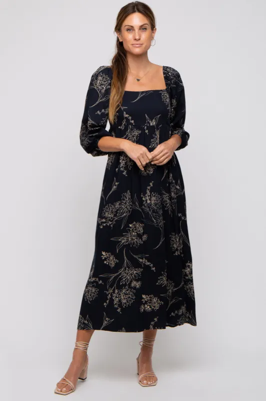 Navy Floral Squared Neck Midi Dress sold by Pinkblush