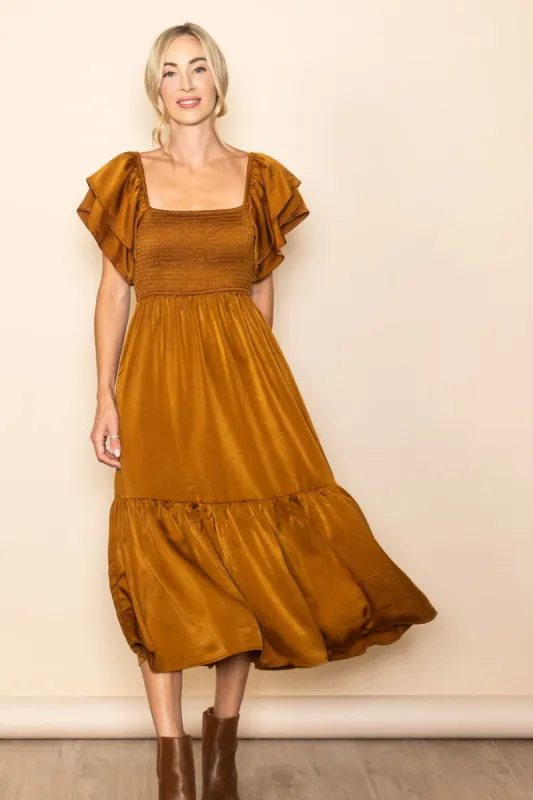 Camel Satin Flutter Sleeve Midi Dress sold by Pinkblush
