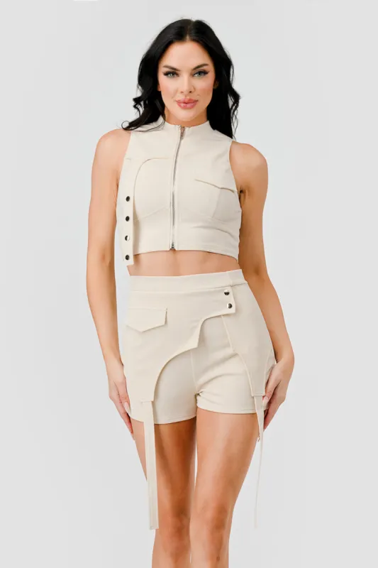 TWILL ZIPUP HALTER CROPPED TOP CARGO SHORTS SET sold by privy