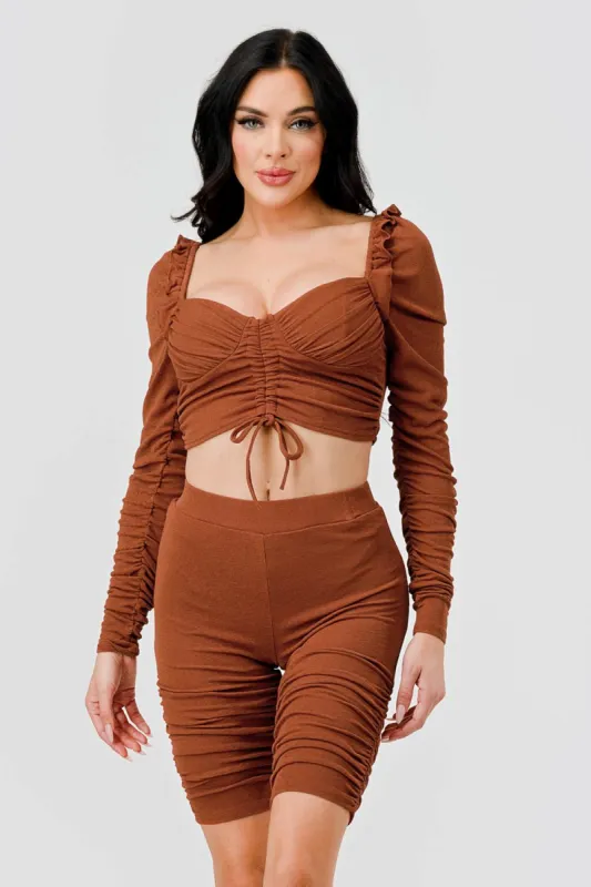 SEXY ONION RIB RUCHED CROP TOP & BIKER SHORTS SET sold by privy