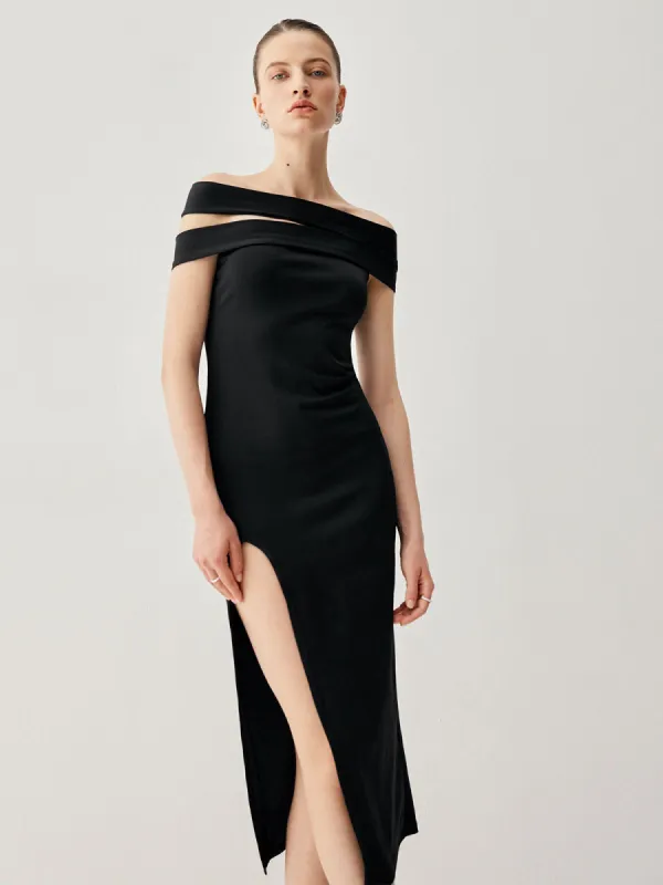 Asymmetric Off Shoulder Slit Knotted Midi Dress sold by COMMENSE