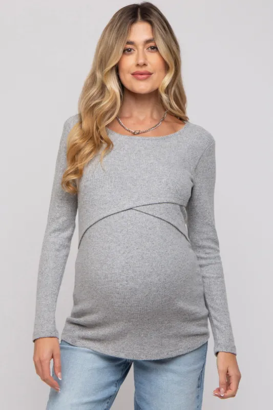 Heather Grey Ribbed Crossover Maternity/Nursing Top sold by Pinkblush