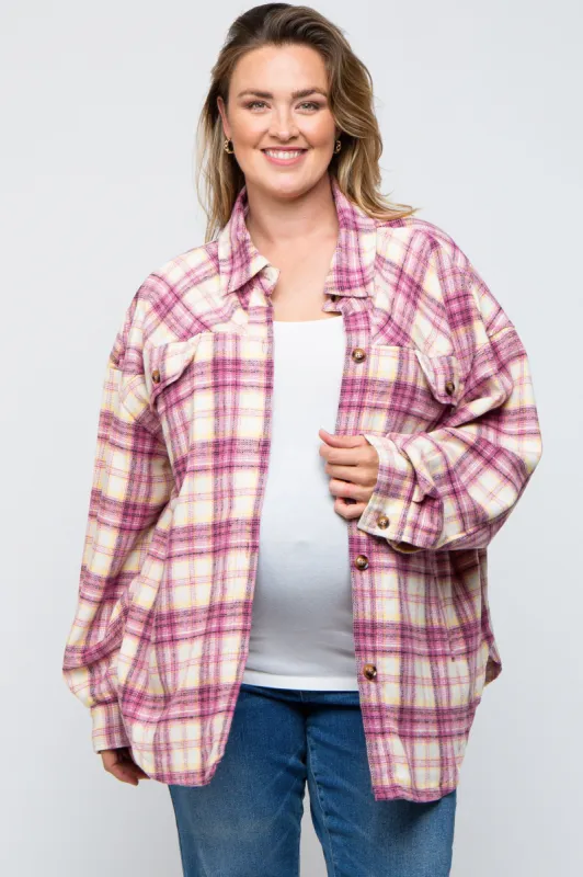 Magenta Flannel Plaid Button Up Maternity Plus Shacket sold by Pinkblush