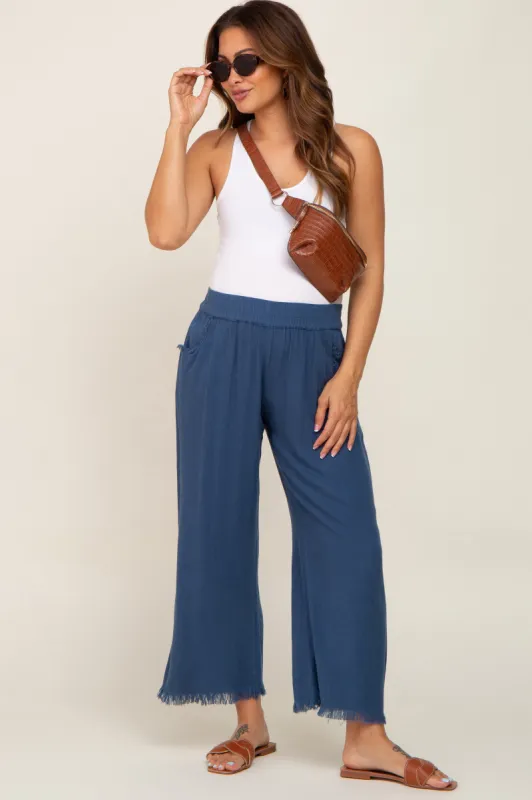 Navy Linen Frayed Hem Crop Maternity Pants sold by Pinkblush