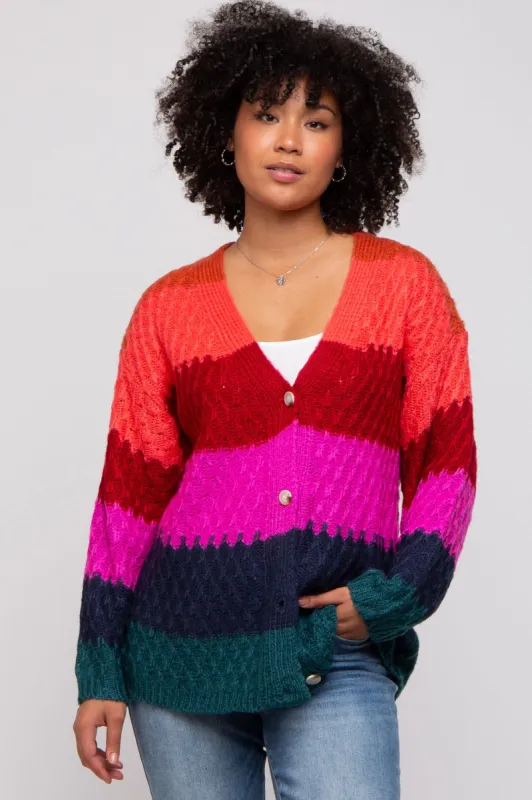 Multi-Color Color Block Button Front Cardigan sold by Pinkblush