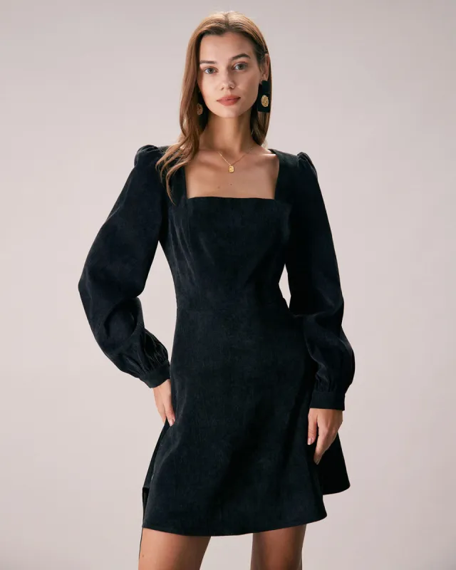 The Black Square Neck Corduroy Mini Dress sold by rihoas