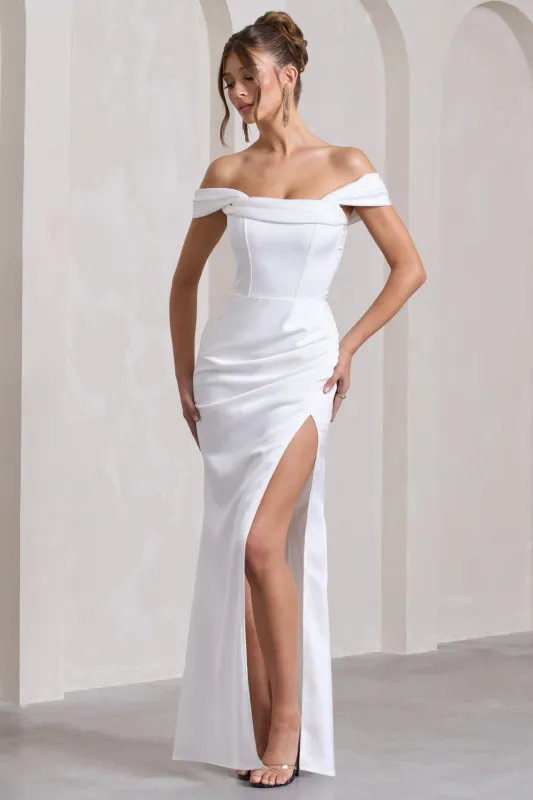 Kimberly | White Bardot  Satin Maxi Dress sold by Club L London