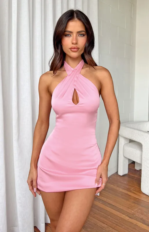 Hannah Pink Satin Halter Mini Dress sold by Beginning Boutique