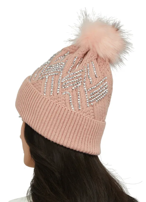 Textured Knit Rhinestone Pom Pom Beanie sold by Rainbow